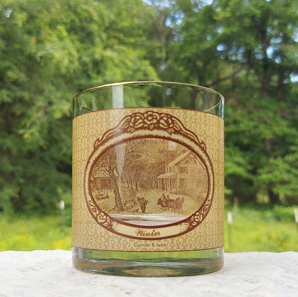 Vintage Currier and Ives Winter Scene Glass Tumbler By Houze